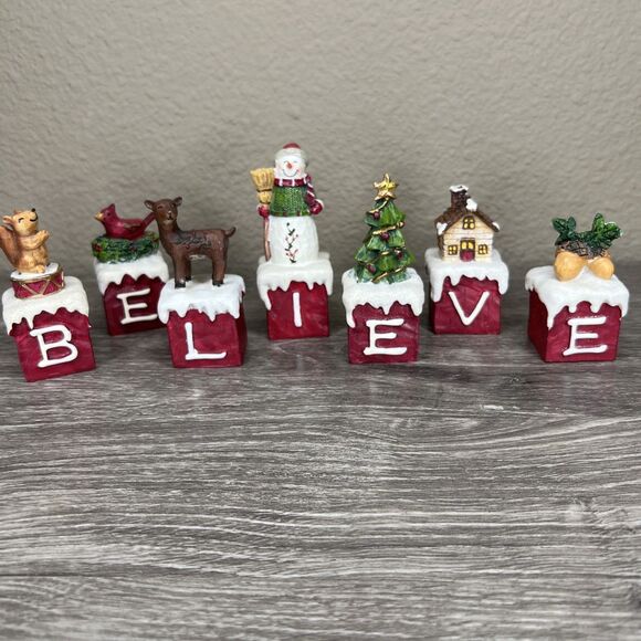 St Nicholas Square Believe Block Set 7Pc Holiday Christmas Decor Snowman Tree - Picture 1 of 6